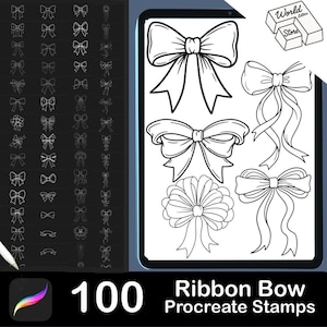 May include: A digital art set of 100 ribbon bow Procreate stamps. The image shows a tablet displaying various bow designs in black and white, with a selection of bow stamps on the left. The text "100 Ribbon Bow Procreate Stamps" is at the bottom.
