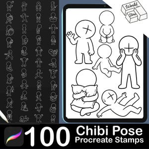 100 sellos de Procreate con poses chibi, pinceles para diseño de personajes de anime y manga