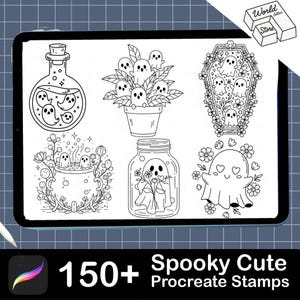 May include: Black and white digital art of various spooky-themed illustrations, including ghosts in a potion bottle, a flower pot, a coffin, a cauldron, a jar, and a ghost with flowers. The text reads "150+ Spooky Cute Procreate Stamps."