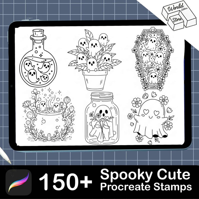 May include: Black and white digital art of various spooky-themed illustrations, including ghosts in a potion bottle, a flower pot, a coffin, a cauldron, a jar, and a ghost with flowers. The text reads "150+ Spooky Cute Procreate Stamps."