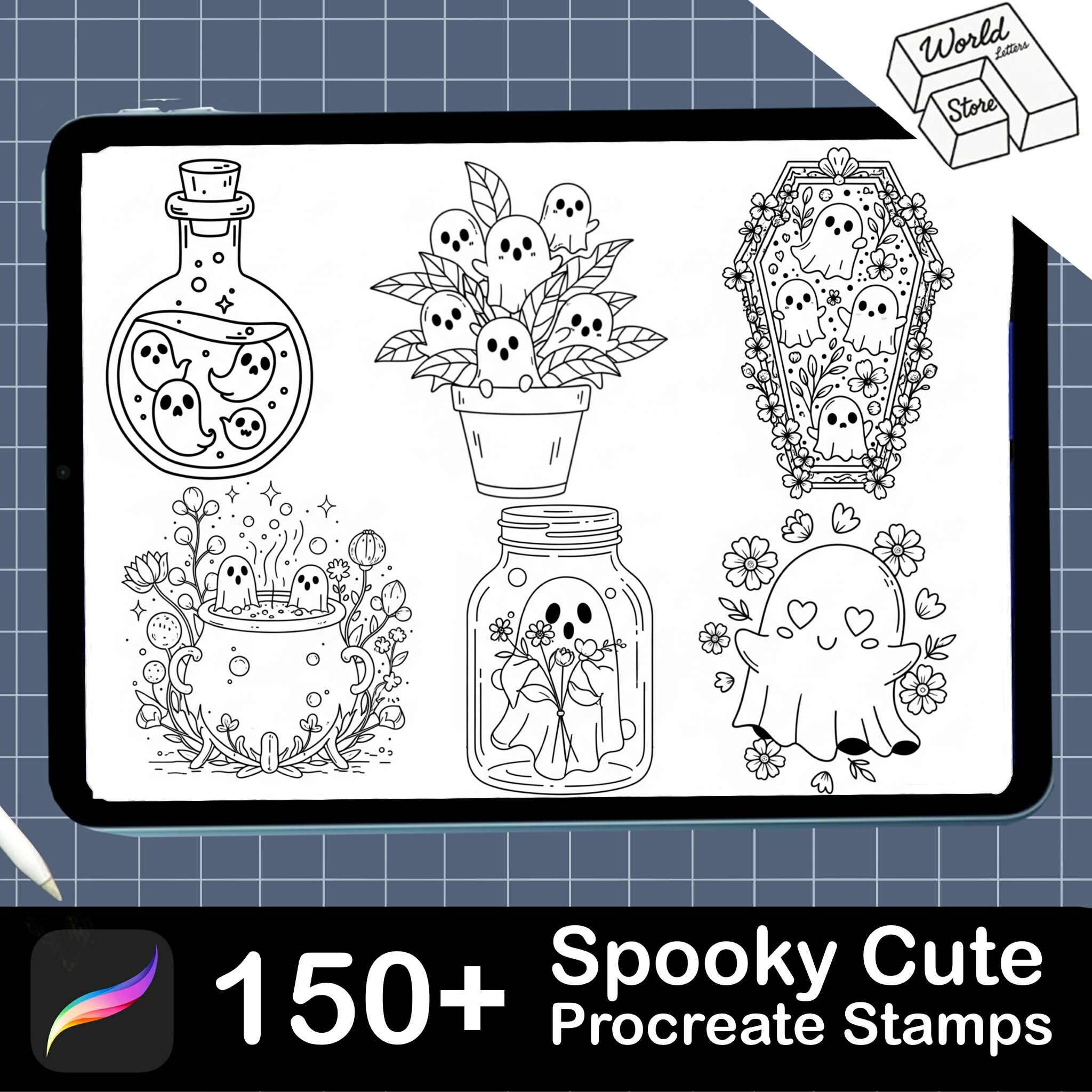 Spooky Cute Procreate Stamps | Skulls, Ghosts, Flowers (digital Brush ...