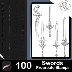 May include: A digital art image showing 100 sword Procreate stamps. The swords are in diverse designs, with intricate details and a monochrome colour scheme. The image includes the text "Swords Procreate Stamps" and the number "100".