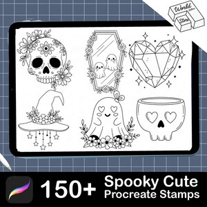 May include: A digital illustration on a tablet featuring various Halloween-themed designs. Included are a skull, a coffin mirror with ghosts, a crystal heart, a witch hat, a ghost, and a skull-shaped bowl. The text reads "150+ Spooky Cute Procreate Stamps."