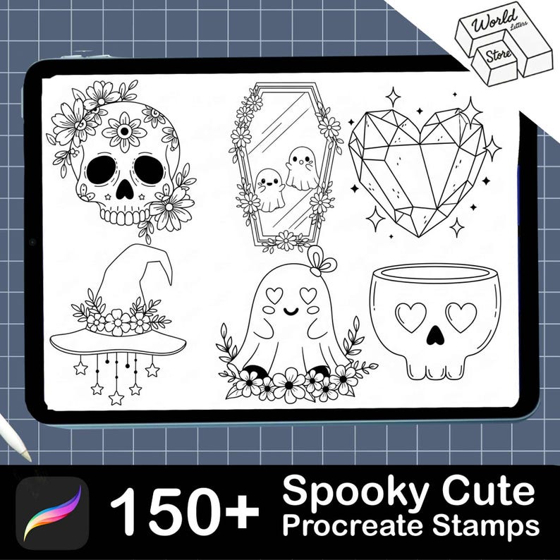 May include: A digital illustration on a tablet featuring various Halloween-themed designs. Included are a skull, a coffin mirror with ghosts, a crystal heart, a witch hat, a ghost, and a skull-shaped bowl. The text reads "150+ Spooky Cute Procreate Stamps."