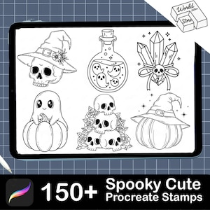 May include: Black and white digital illustrations of Halloween-themed elements, including a skull wearing a witch hat, a potion bottle with ghosts, crystals, a ghost on a pumpkin, and a stack of skulls. The text reads "Spooky Cute Procreate Stamps".