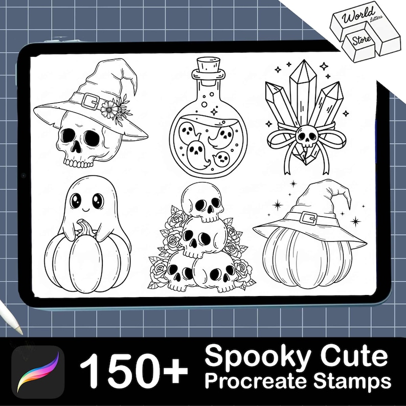 May include: Black and white digital illustrations of Halloween-themed elements, including a skull wearing a witch hat, a potion bottle with ghosts, crystals, a ghost on a pumpkin, and a stack of skulls. The text reads "Spooky Cute Procreate Stamps".