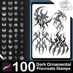 May include: A digital collection of 100 dark ornamental Procreate stamps featuring intricate black and white tribal-style graphic designs, including dragon motifs, sharp claw patterns, and symmetrical abstract shapes displayed on a tablet screen.