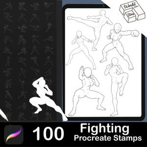 Può includere: Una collezione digitale di 100 timbri di pose da combattimento per Procreate, con illustrazioni a linee bianche e nere di varie posizioni di lotta e figure dinamiche su sfondo scuro, con il testo World Letters Store.