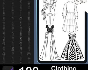 May include: Digital art set of 100 clothing Procreate stamps. The image shows a variety of fashion sketches, including dresses, tops, and bottoms. The stamps are designed for use in digital art and fashion design.