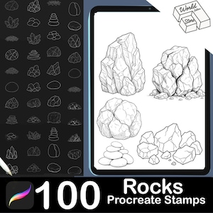 May include: A digital art set featuring 100 rock Procreate stamps. The image shows various rock formations, including stacked stones, crystals, and individual rocks. The stamps are in black and white, with the "World Letter Store" logo in the top right corner.