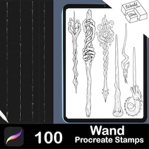Puede incluir: Ilustración digital de varias varitas, incluyendo diseños con manos, llamas y motivos de dragones. La imagen está etiquetada como "100 Sellos de varita Procreate" e incluye un logotipo de "World Letters Store". Las varitas son en blanco y negro.