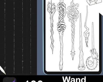 100 Wand Procreate Stamps: Witch, Wizard, Tattoo Designs (Digital Download)