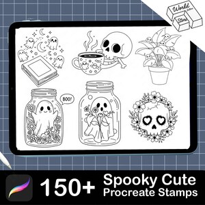May include: Black and white digital art featuring spooky and cute illustrations. Includes ghosts, skulls, plants, and a coffee cup. The text reads "150+ Spooky Cute Procreate Stamps".