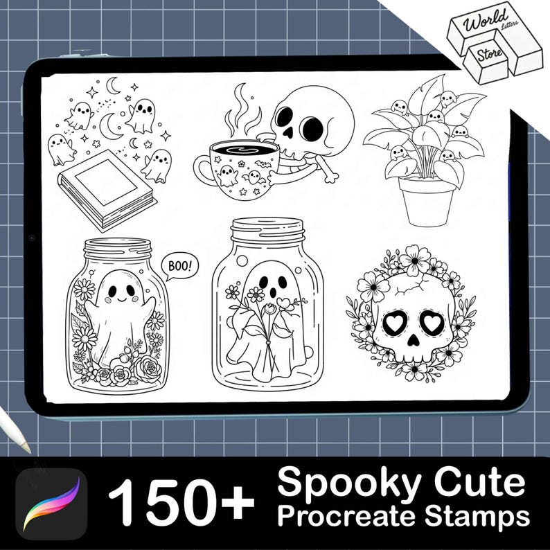May include: Black and white digital art featuring spooky and cute illustrations. Includes ghosts, skulls, plants, and a coffee cup. The text reads "150+ Spooky Cute Procreate Stamps".