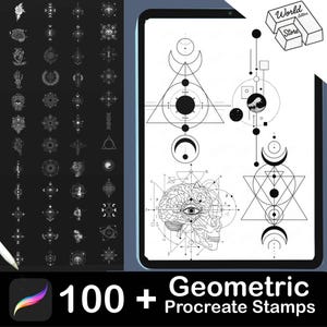 Könnte beinhalten: Eine digitale Kunstpräsentation mit geometrischen Procreate-Stempeln. Das Bild zeigt ein Tablet, das verschiedene schwarz-weiße geometrische Designs anzeigt, darunter Monde, Dreiecke und Kreise. Der Text lautet "100+ Geometric Procreate Stamps."