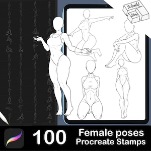 100 Procreate female poses brushes. Procreate woman body pose stamps. Procreate fashion pose, dynamic pose brush