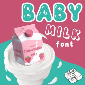 Könnte beinhalten: Ein rosa Karton mit Erdbeermilch mit einem weißen Deckel und einem weißen Milchwirbel drumherum. Auf dem Karton steht "Hello I'm Strawberry Milk". Der Hintergrund ist rosa mit den Worten "BABY MILK font" in türkisfarbener und weißer Schrift.