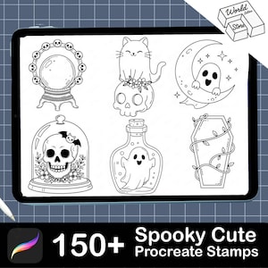 May include: A digital illustration featuring a collection of spooky and cute Procreate stamps. The stamps include a crystal ball with skulls, a cat on a skull, a ghost in a crescent moon, a skull in a glass dome, a ghost in a bottle, and a coffin with vines. The text reads "150+ Spooky Cute Procreate Stamps."