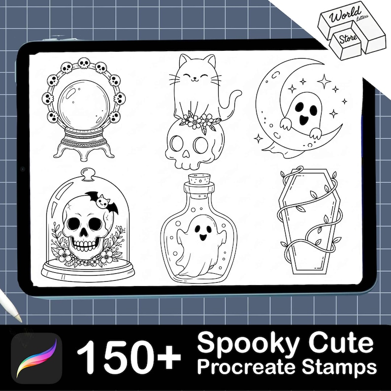 May include: A digital illustration featuring a collection of spooky and cute Procreate stamps. The stamps include a crystal ball with skulls, a cat on a skull, a ghost in a crescent moon, a skull in a glass dome, a ghost in a bottle, and a coffin with vines. The text reads "150+ Spooky Cute Procreate Stamps."