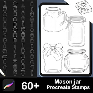 Op de afbeelding: Zwart-wit lijntekeningen van weckpotten in verschillende stijlen, waaronder potten met handvatten, scharnierende deksels en decoratieve strikken. De afbeelding bevat de tekst "Mason jar Procreate Stamps" en "60+". Een digitale kunsttool is linksonder zichtbaar.