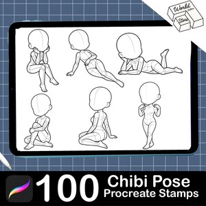 Puede incluir: Una colecci&oacute;n digital de 100 sellos Procreate de poses Chibi mostrada en una pantalla de tableta. La imagen presenta seis bocetos de personajes en l&iacute;neas blancas y negras en varias poses sentadas y reclinadas con rostros en blanco.