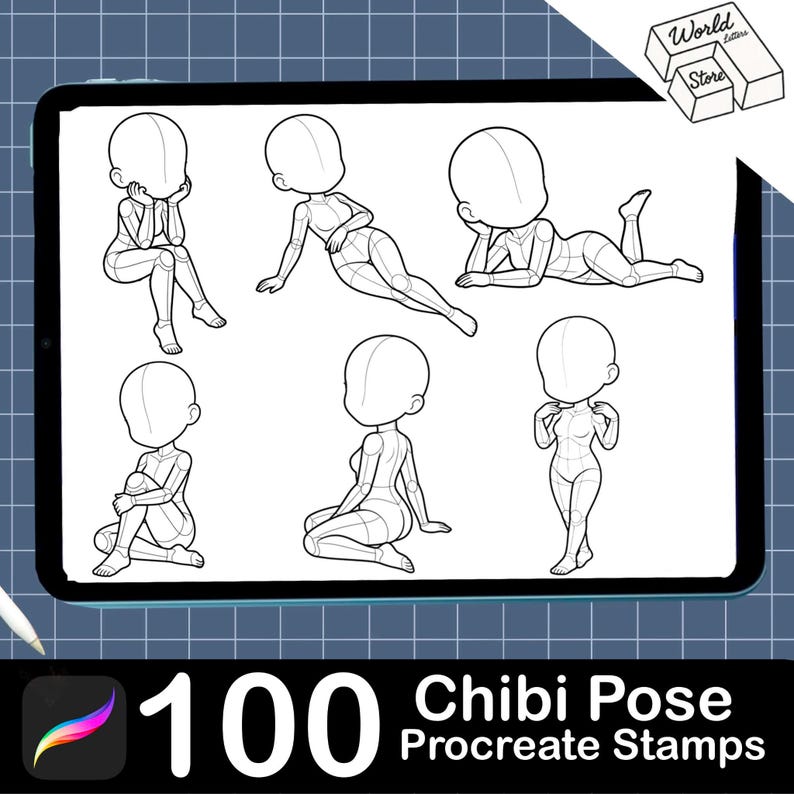 Puede incluir: Una colecci&oacute;n digital de 100 sellos Procreate de poses Chibi mostrada en una pantalla de tableta. La imagen presenta seis bocetos de personajes en l&iacute;neas blancas y negras en varias poses sentadas y reclinadas con rostros en blanco.