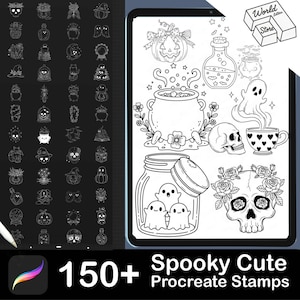May include: A digital illustration of a tablet screen showcasing Halloween-themed Procreate stamps. The stamps include pumpkins, potion bottles, skulls, ghosts, and cauldrons. The text reads "Spooky Cute Procreate Stamps" and "150+".