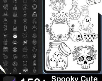 Spooky Cute Procreate Stamps | Skulls, Ghosts, Flowers (Digital Brush Pack)