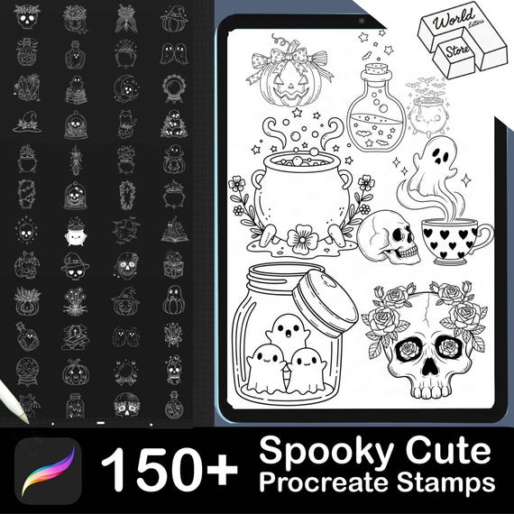 Spooky Cute Procreate Stamps | Skulls, Ghosts, Flowers (Digital Brush Pack)