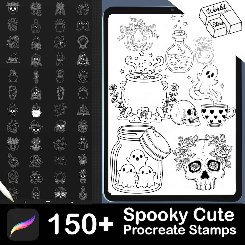 May include: A digital illustration of a tablet screen displaying a collection of Halloween-themed Procreate stamps. The stamps include pumpkins, potion bottles, skulls, ghosts, and cauldrons. The text reads "Spooky Cute Procreate Stamps" and "150+".