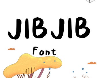 May include: A digital illustration featuring the word "JIB JIB" in bold, black letters above the word "Font". The background is white with cartoon-style trees, clouds, and blue dots.