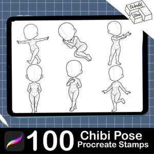 Puede incluir: Una pantalla de tableta digital que muestra seis ilustraciones de arte lineal en blanco y negro de figuras chibi en varias poses. La esquina superior derecha presenta un logotipo con el texto World Letters Store. El texto inferior dice 100 Chibi Pose Procreate Stamps.