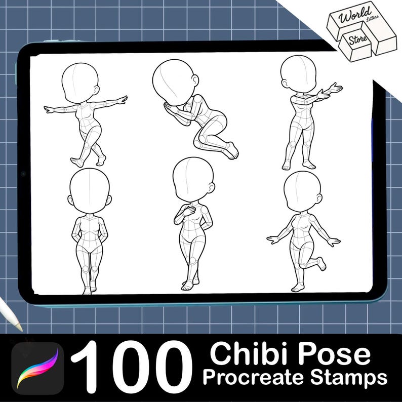 Puede incluir: Una pantalla de tableta digital que muestra seis ilustraciones de arte lineal en blanco y negro de figuras chibi en varias poses. La esquina superior derecha presenta un logotipo con el texto World Letters Store. El texto inferior dice 100 Chibi Pose Procreate Stamps.