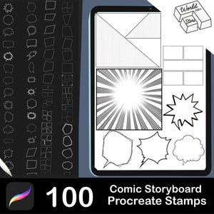 Op de afbeelding: Een digitale illustratie van een tablet met stripverhaal sjablonen en tekstballonnen. De afbeelding bevat de tekst "100 Comic Storyboard Procreate Stamps" en een logo voor "World Letters Store".