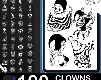 May include: A digital collection of 100 black and white clown stamps for Procreate, displayed on a tablet screen. The set features various clown illustrations, including a sad sitting clown, a jester, a profile view, and a cartoonish face.
