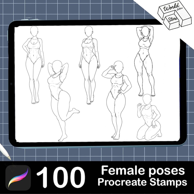 May include: A digital tablet displays multiple line drawings of female figures in various poses. The tablet screen shows the text "100 Female poses Procreate Stamps" and a logo. The background is a grid pattern.
