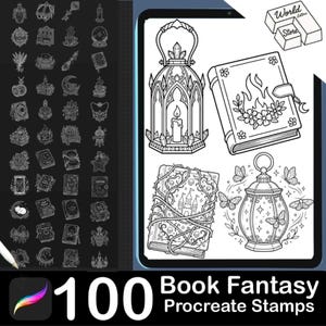 May include: Black and white Procreate stamps featuring fantasy book and lantern designs. The image includes the text "100 Book Fantasy Procreate Stamps" and a Procreate app logo.