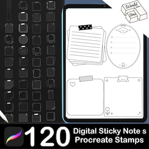 Può includere: Set digitale di 120 timbri di note adesive in bianco e nero per Procreate. L'immagine mostra vari design, tra cui forme a righe, vuote e decorative. Il testo nell'immagine recita "Digital Sticky Notes Procreate Stamps".