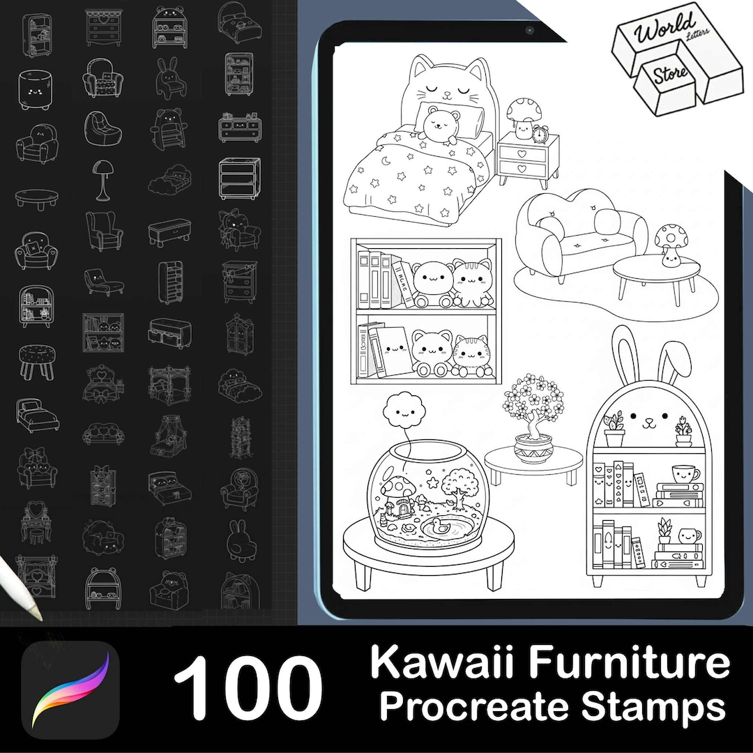 100 Kawaii Furniture Procreate Stamps: Brush Set (digital Download) - Etsy