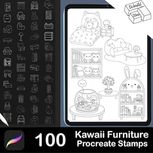 May include: Black and white digital stamps of kawaii furniture, including beds, sofas, bookshelves, and decorative items. The image includes the text "100 Kawaii Furniture Procreate Stamps" and a logo for "World Letters Store."