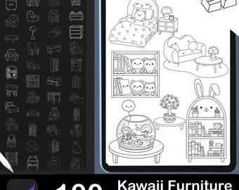 May include: Black and white digital stamps of kawaii furniture, including beds, sofas, bookshelves, and decorative items. The image includes the text "100 Kawaii Furniture Procreate Stamps" and a logo for "World Letters Store."