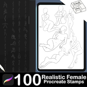 May include: A digital art illustration showing a Procreate app interface with 100 realistic female figure stamps. The image includes various poses and the text "Realistic Female Procreate Stamps". A stylus and the Procreate logo are also visible.