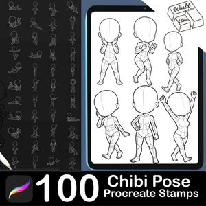 100 sellos de poses chibi para Procreate / Bases de diseño de personajes de anime
