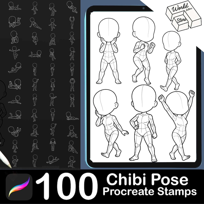 100 sellos de poses chibi para Procreate / Bases de diseño de personajes de anime imagen 1
