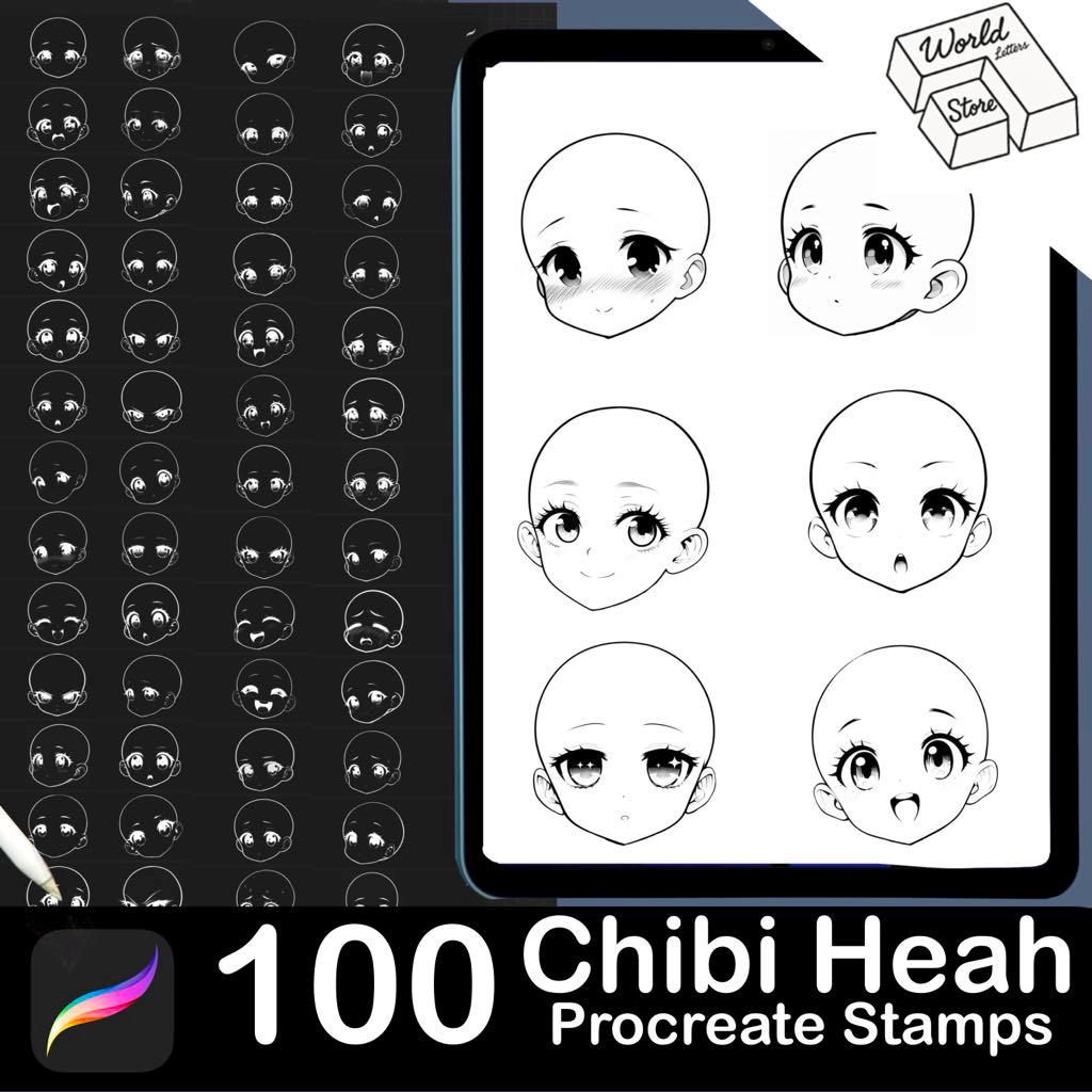 100 Procreate Chibi Emote Brushes – Anime & Manga Head Stamp Set for Expressive Faces - Image 1