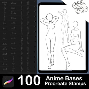 May include: Digital art product with 100 anime base Procreate stamps. The image shows a tablet displaying three female figure outlines, with a black background showing various pose sketches. The product logo is in the bottom left corner.