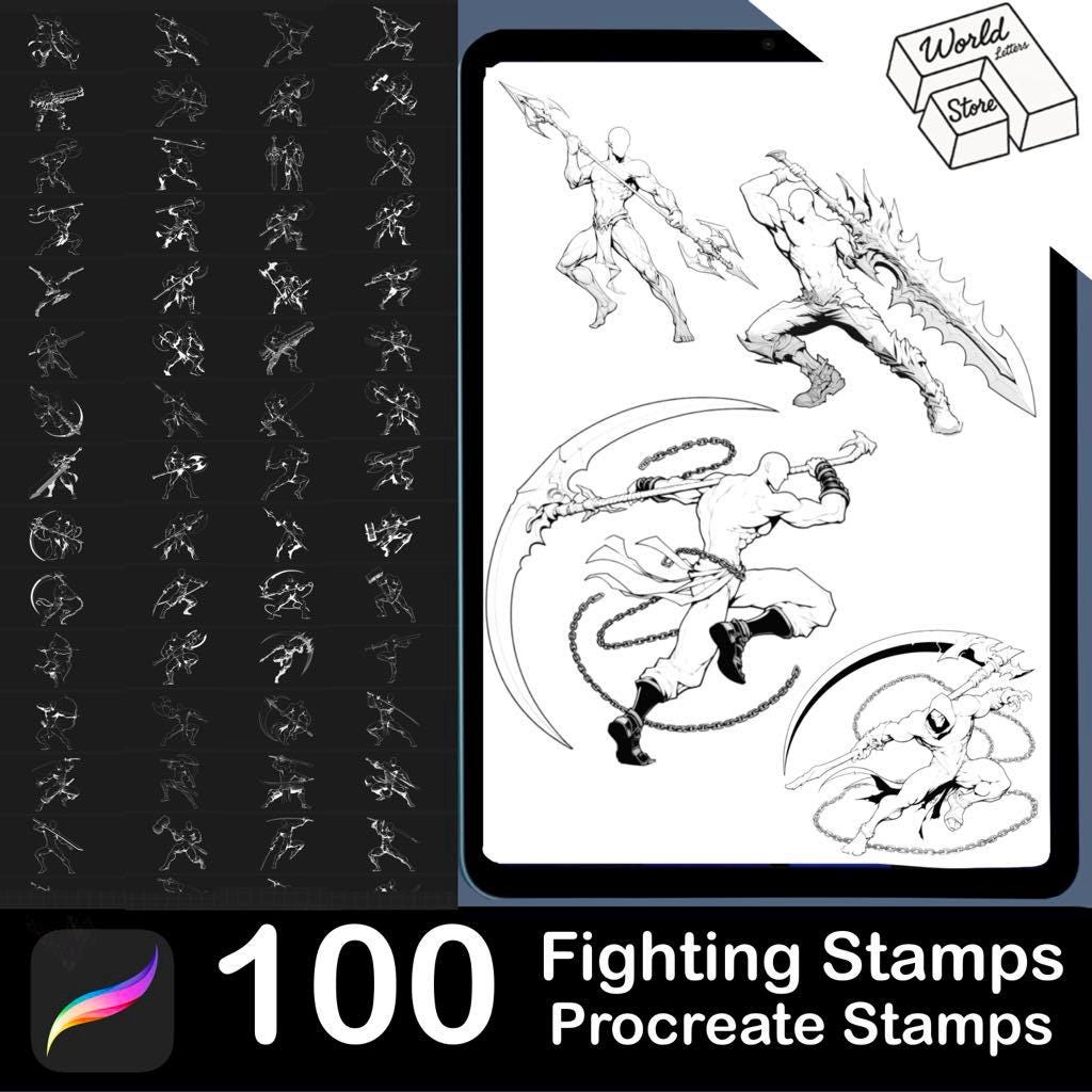 100 carimbos de poses de combate para Procreate – Conjunto de pincéis de lineart masculino para anime e mangá no iPad