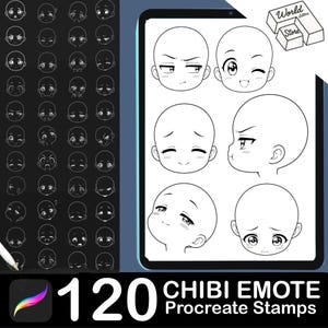 Op de afbeelding: Een digitale collectie van 120 chibi emote Procreate stempels met diverse gezichtsuitdrukkingen op ronde hoofdomtrekken. De zwart-witte lijntekeningen tonen uiteenlopende emoties, inclusief de tekst World Letters Store.
