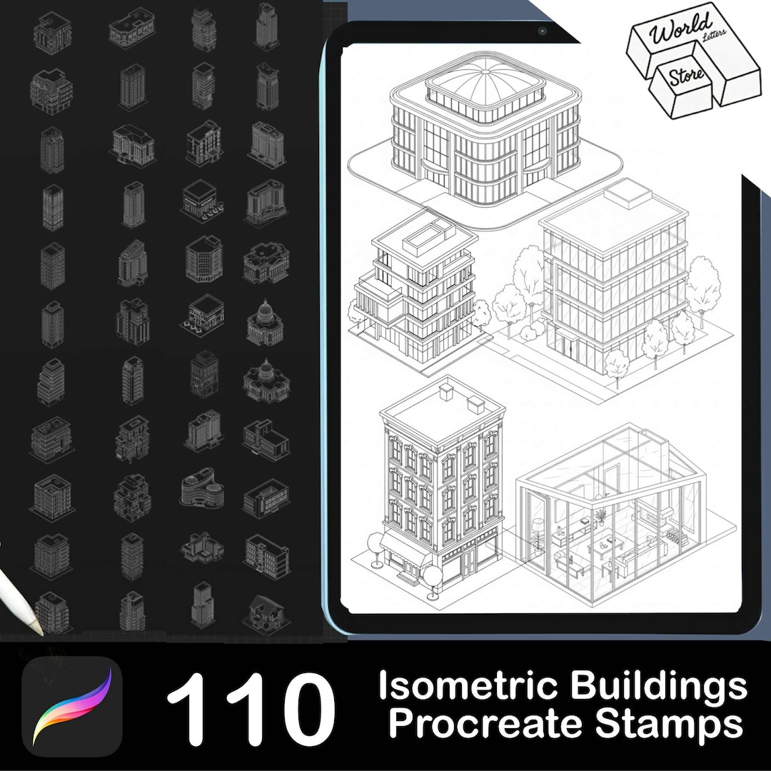110 Isometric Buildings Procreate Stamps | 3D House Brushes (PDF) - Etsy