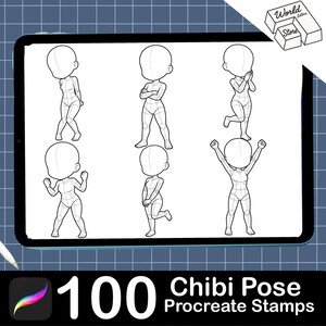 Puede incluir: Una pantalla de tableta digital que muestra seis poses de personajes chibi en arte lineal blanco y negro con caras en blanco y l&iacute;neas de construcci&oacute;n. El texto 100 Chibi Pose Procreate Stamps est&aacute; abajo y el logo World Letters Store en la esquina.